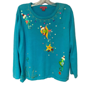 Christmas Sea Creatures Sweater Bobbie Bell Turquoise– Size XXL